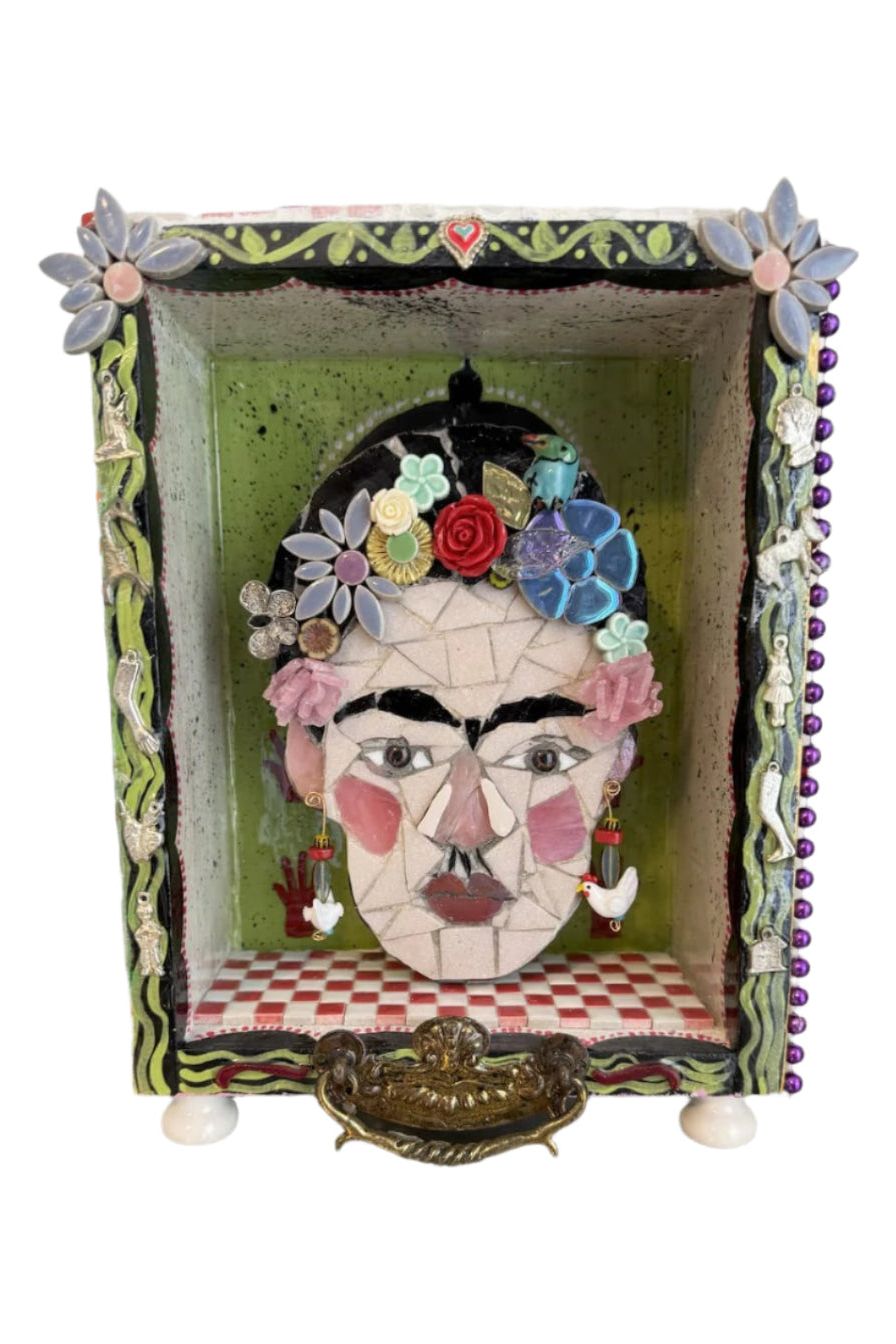 Frida inspired mosaic with cut glass and tile found objects in a hand painted shadowbox