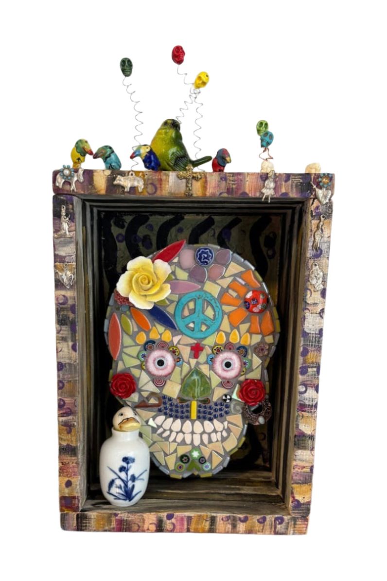 Bohemian skull mosaic in a handpainted shadow box with many mixed media enhancements