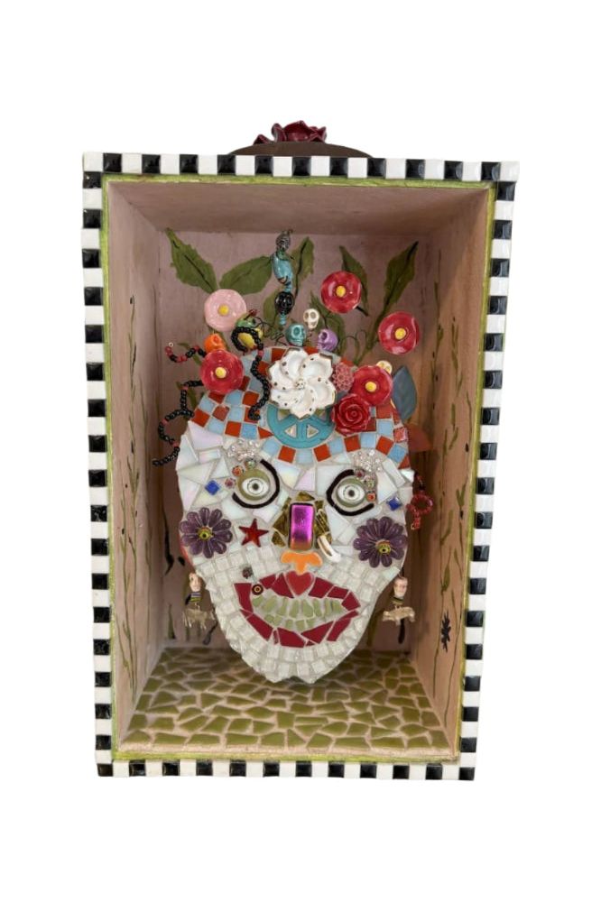 Skull mosaic with blooming flowers cut glass tile in a hand painted shadow box