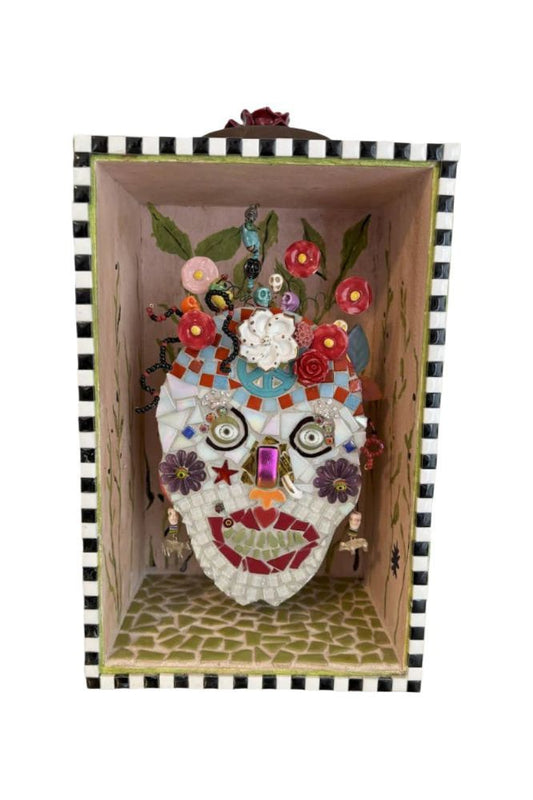 Skull mosaic with blooming flowers cut glass tile in a hand painted shadow box