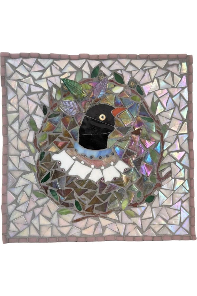 Vintage inspired blackbird mosaic cut glass tile iridescent colors
