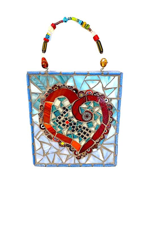 Full Heart Mosaic art with beaded handle cut glass and tile one-of-a kind