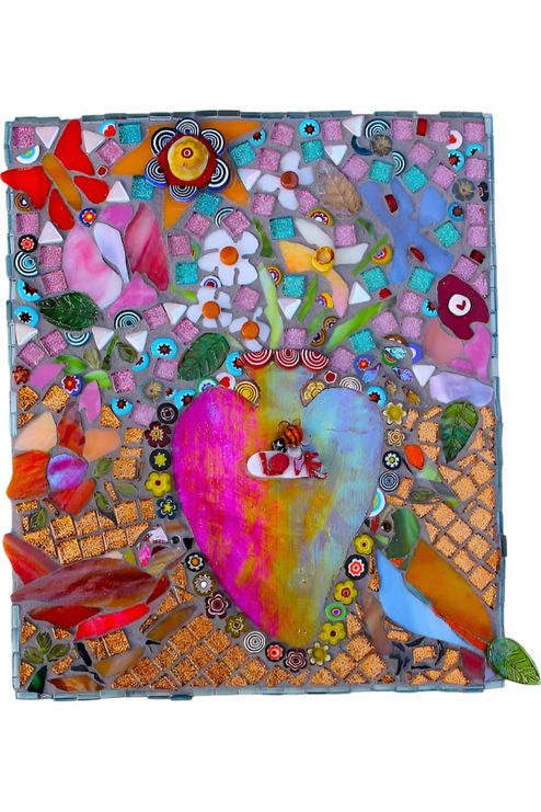 Celebrate love in all its vibrant multifaceted beauty with this handmade Mosaic Love artwork Hand-cut glass iridescent tile and mixed media elements  