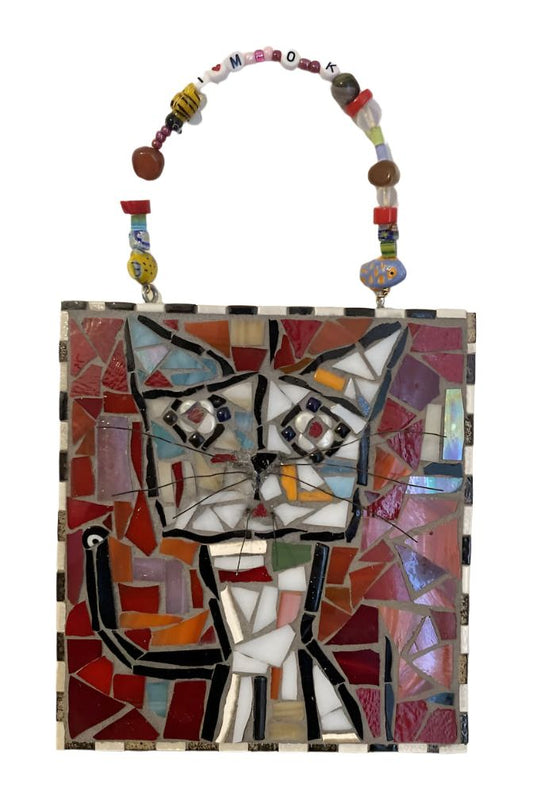 Mosaic with cut glass and tile Whimsical cat with iridescent colors and a beaded handle that says "I'm OK"