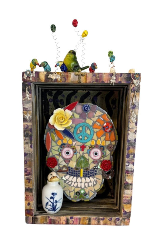 Bohemian skull mosaic in a handpainted shadow box with many mixed media enhancements
