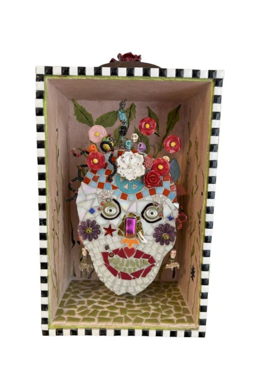Skull mosaic with blooming flowers cut glass tile in a hand painted shadow box