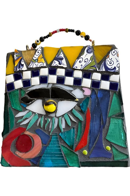 Spirit Eye mosaic in beautiful colors to ward off evil beaded handle for hanging