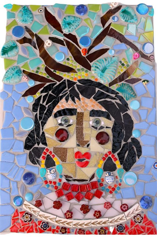 Vibrant Frida inspired mosaic cut glass tile and mixed media enhancements