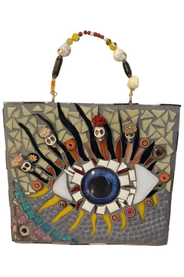 Mosaic Seeing Eye with cut glass and tile mixed media enhancements and a beaded handle for hanging to ward off evil spirits